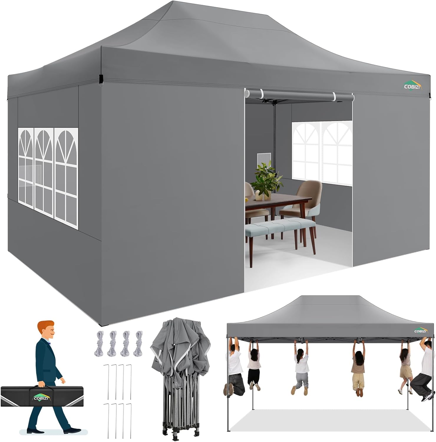 COBIZI 10x20 Heavy Duty Pop up Canopy Tent with 6 sidewalls Easy Up Commercial Outdoor Canopy Wedding Party Tents for Parties All Season Wind & Waterproof Gazebo with Roller Bag,Black(Frame Thickened) wourant