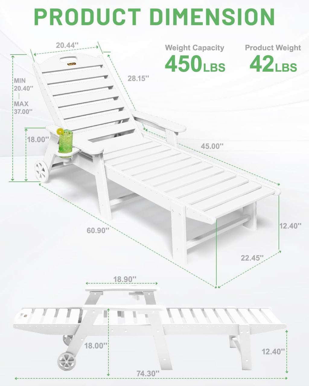 Lounge Chair Outdoor, Chaise Lounge, HDPE 6-Position Outdoor Chaise Lounge, Patio Lounge Chair with Wheels & Cup Holder for Pool Poolside Deck Backyard, Teak wourant