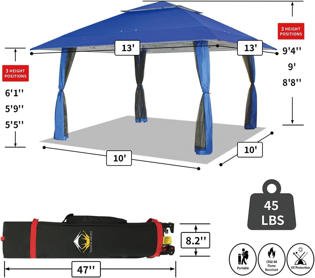CROWN SHADES 13x13 Pop Up Gazebo, Canopy Tent, Gazebos on Clearance - Outdoor Gazebo for Backyard & Patio Furniture - Carpa Pop Up Tent with Wheeled STO-N-Go Cover Bag (White) wourant