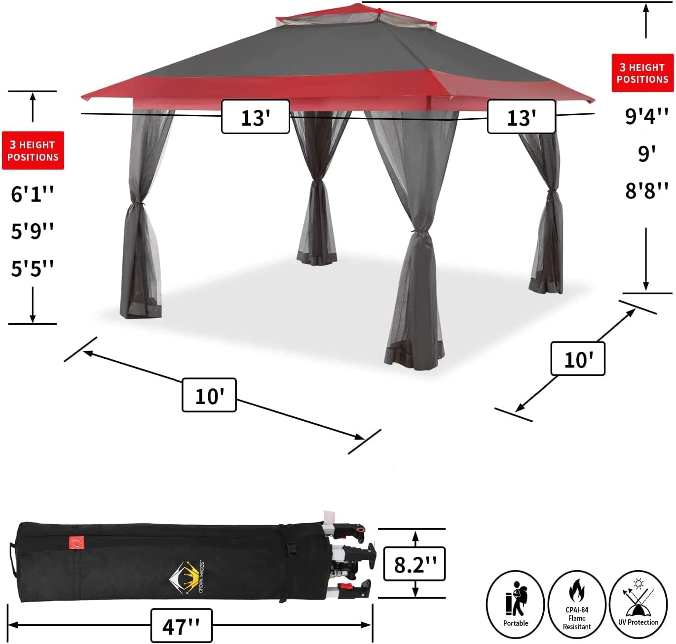 CROWN SHADES 13x13 Pop Up Gazebo, Canopy Tent, Gazebos on Clearance - Outdoor Gazebo for Backyard & Patio Furniture - Carpa Pop Up Tent with Wheeled STO-N-Go Cover Bag (White) wourant