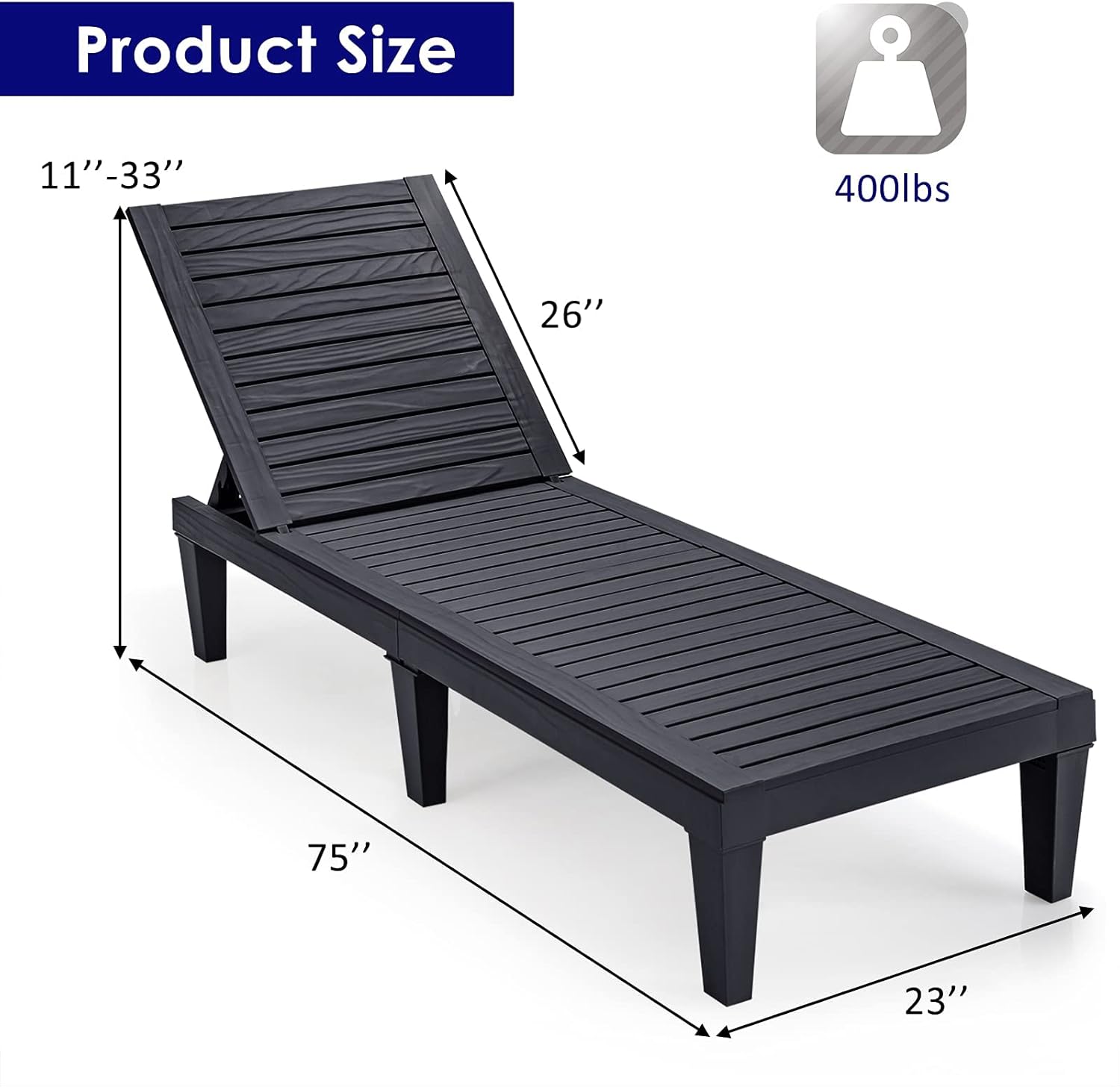 Outdoor Chaise Lounge Chair, Lightweight Patio Lounge Recliner Chair with Adjustable Backrest, 5 Reclining Positions Chaise Lounger for Patio, Beach, Balcony, Poolside, Backyard (1, Black) wourant