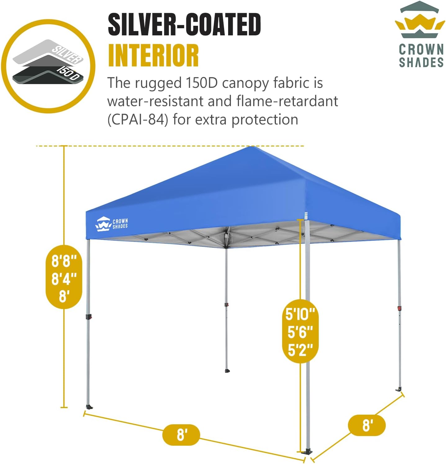 10x10 Pop-Up Awning - One-Click Installation Beach Tent - Outdoor Sunshade Silver Coated Top, 3 Heights and 4 Sand Pockets wourant