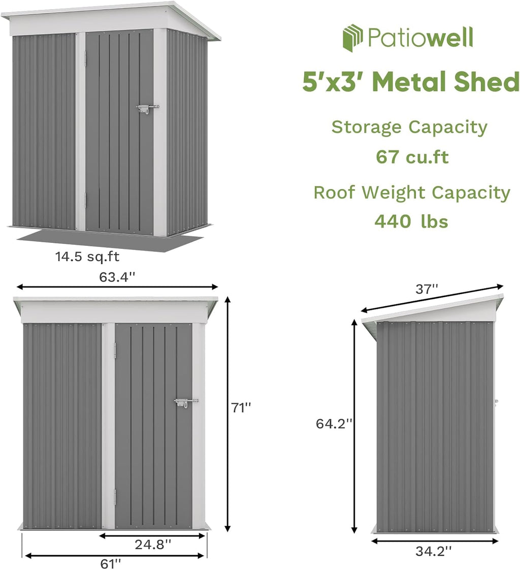 Patiowell 5x3 FT Outdoor Storage Shed Tool Shed with Sloping Roof and Lockable Door Metal Shed wourant