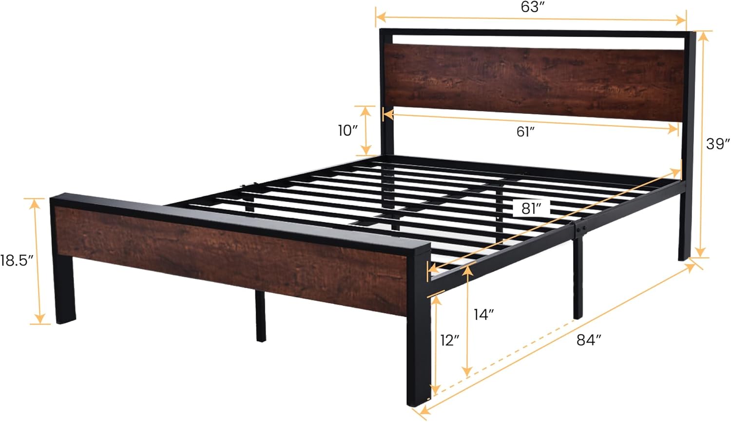 SHA CERLIN 14 Inch Queen Size Metal Platform Bed Frame with Wooden Headboard and Footboard wourant