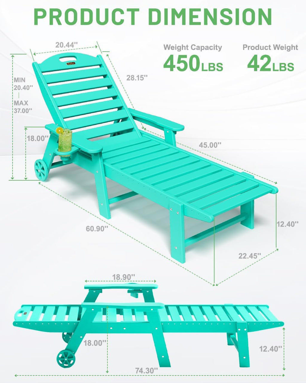 Lounge Chair Outdoor, Chaise Lounge, HDPE 6-Position Outdoor Chaise Lounge, Patio Lounge Chair with Wheels & Cup Holder for Pool Poolside Deck Backyard, Teak wourant