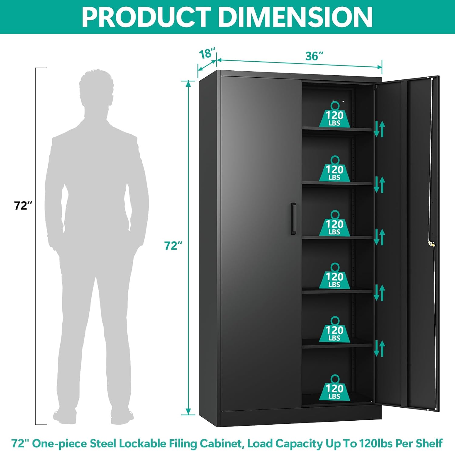 Metal Storage Cabinet with 2 Doors and 6 Shelves, Black Metal Cabinet with Lock, 71 Inch Lockable Garage Storage Cabinet wourant