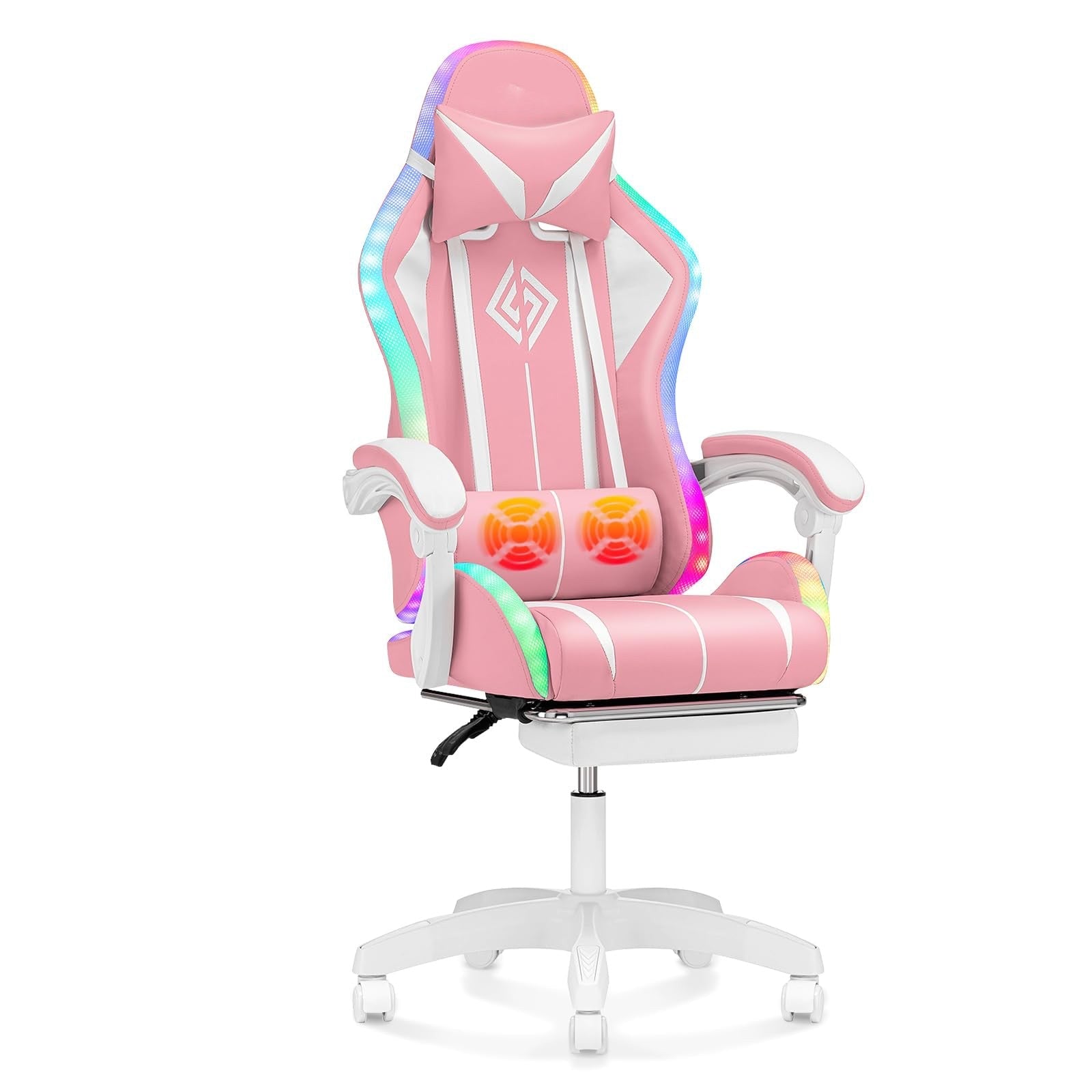 RGB Gaming Chair with Massage and LED Lights Ergonomic Computer Chair with Footrest High Back Reclining Video Game Chair with Adjustable Lumbar Support Light Blue and White wourant