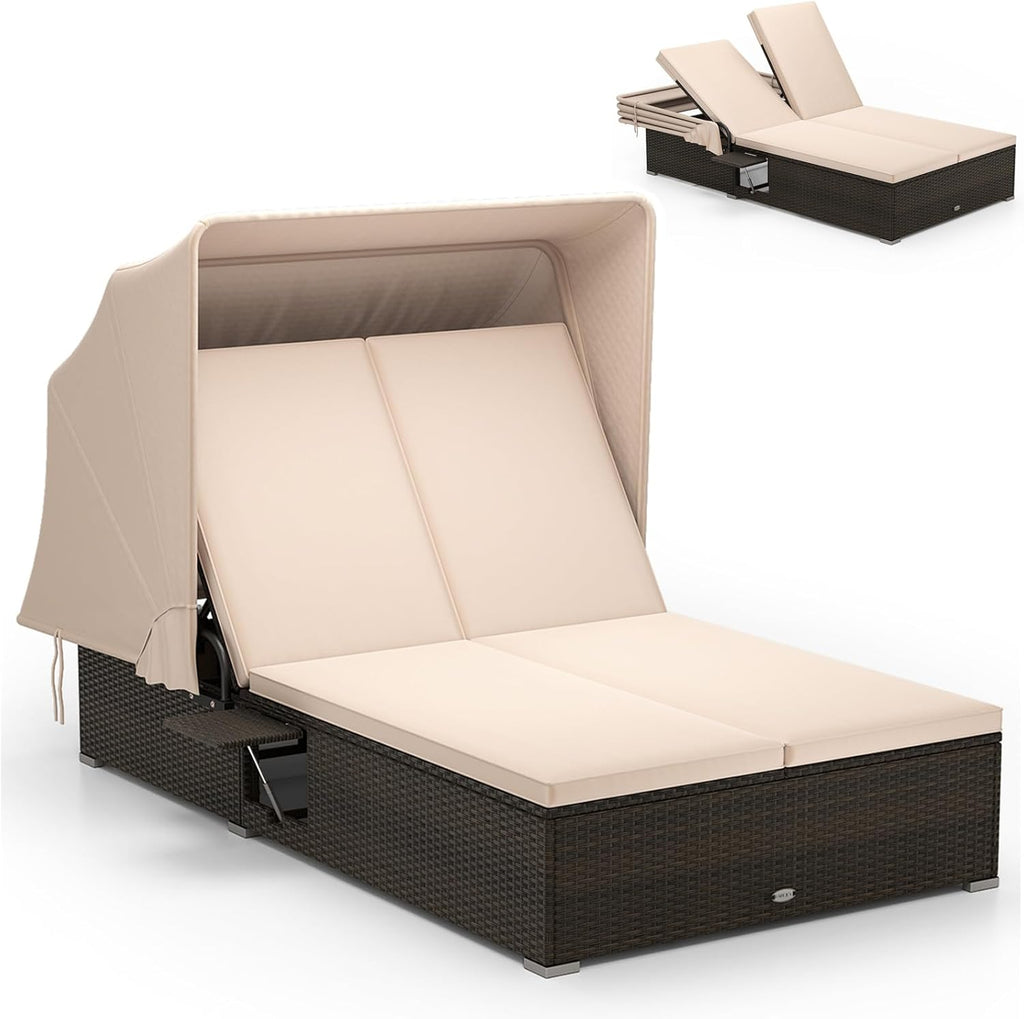 RELAX4LIFE Outdoor Daybed Retractable Canopy Wicker Double Chaise Lounge 6-Position Backrest wourant