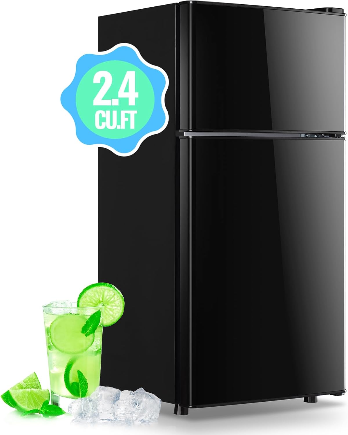 2.4 Cu.Ft Mini Fridge with Freezer & Double Door Small Tiny Size Refrigerator with 7 Temperature Control Knob Only Suitable for One Person Use Black wourant