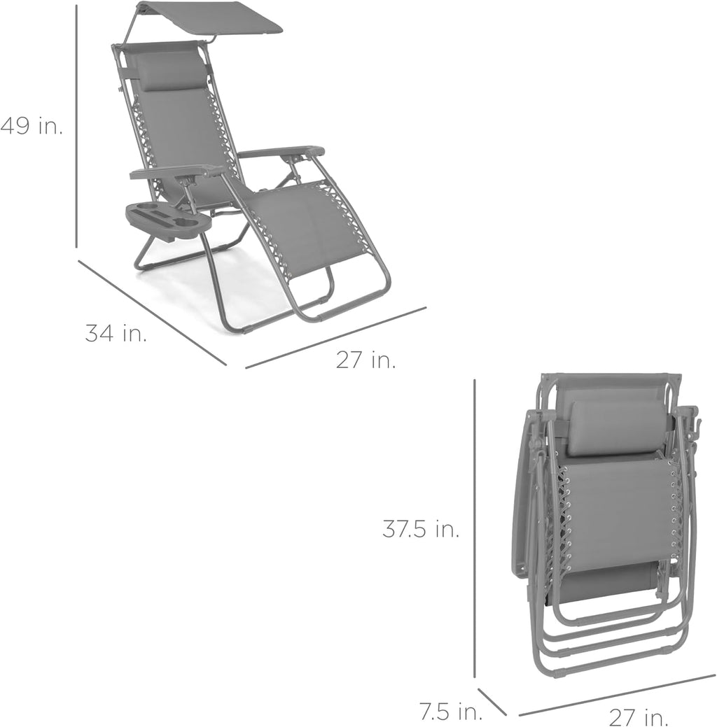 Best Choice Products Folding Zero Gravity Outdoor Recliner Patio Lounge Chair w/Adjustable Canopy Shade, Headrest, Side Accessory Tray, Textilene Mesh - Peacock Blue wourant