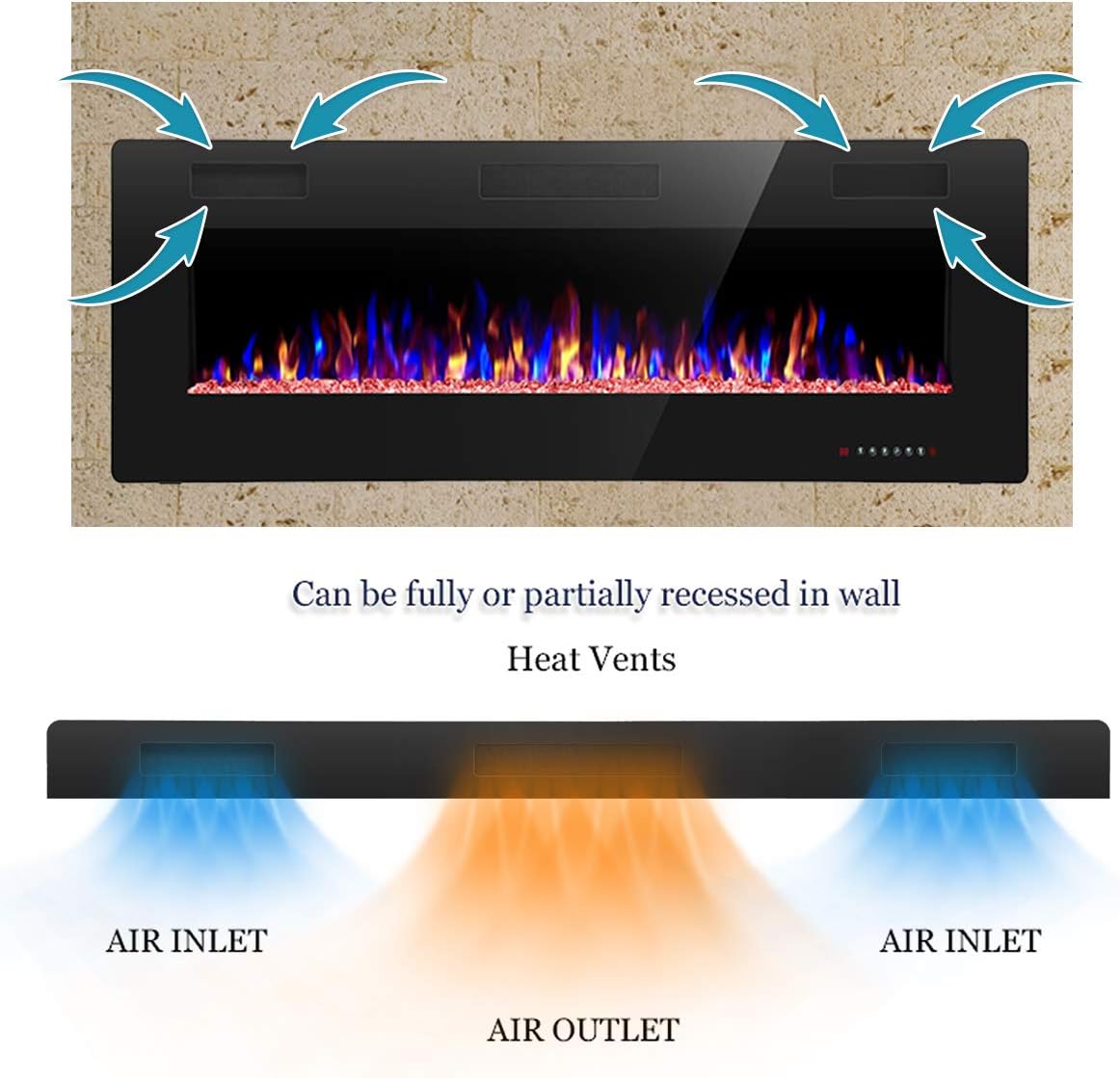 R.W.FLAME 60" Recessed and Wall Mounted Electric Fireplace, Low Noise, Fit for 2 x 6 Stud, Remote Control with Timer, Touch Screen, Adjustable Flame Color and Speed, 750-1500W wourant