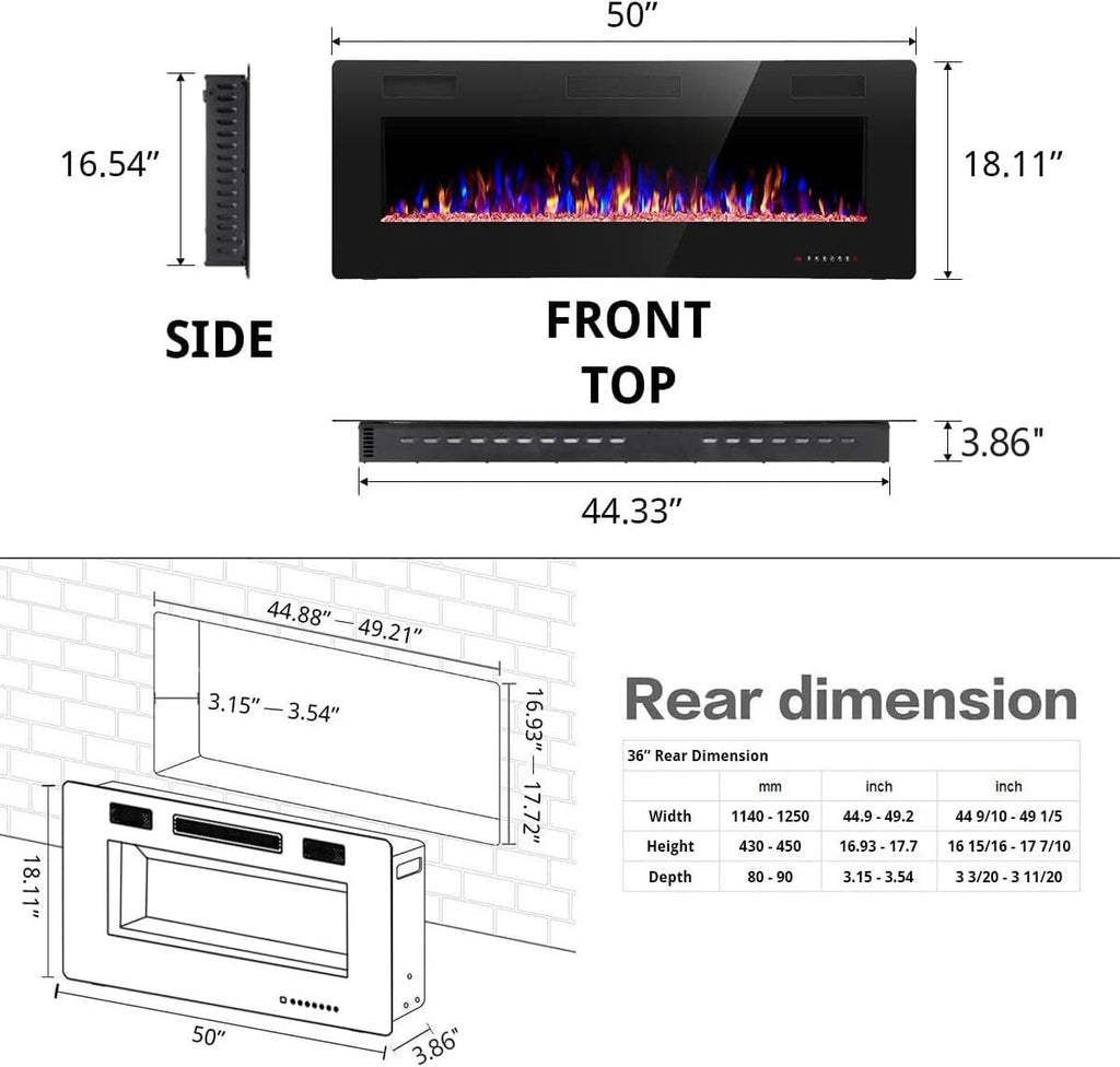 R.W.FLAME 60" Recessed and Wall Mounted Electric Fireplace, Low Noise, Fit for 2 x 6 Stud, Remote Control with Timer, Touch Screen, Adjustable Flame Color and Speed, 750-1500W wourant