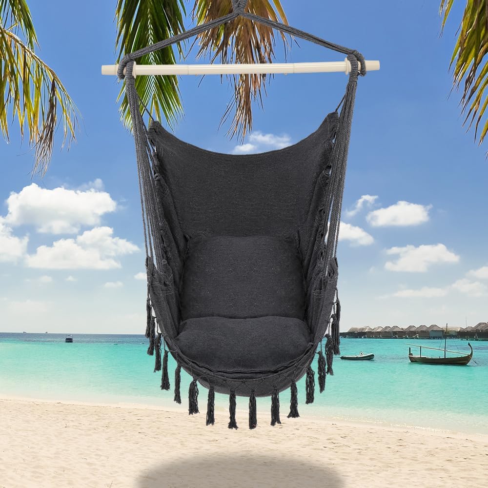 ONCLOUD Hammock Chair Hanging Rope Swing, Load Capacity Up to 550 LBS Macrame Hammock Swing Seat with Two Cushions, Hammock Seats with Portable Steel Spreader Bar for Indoor/Outdoor, Black wourant
