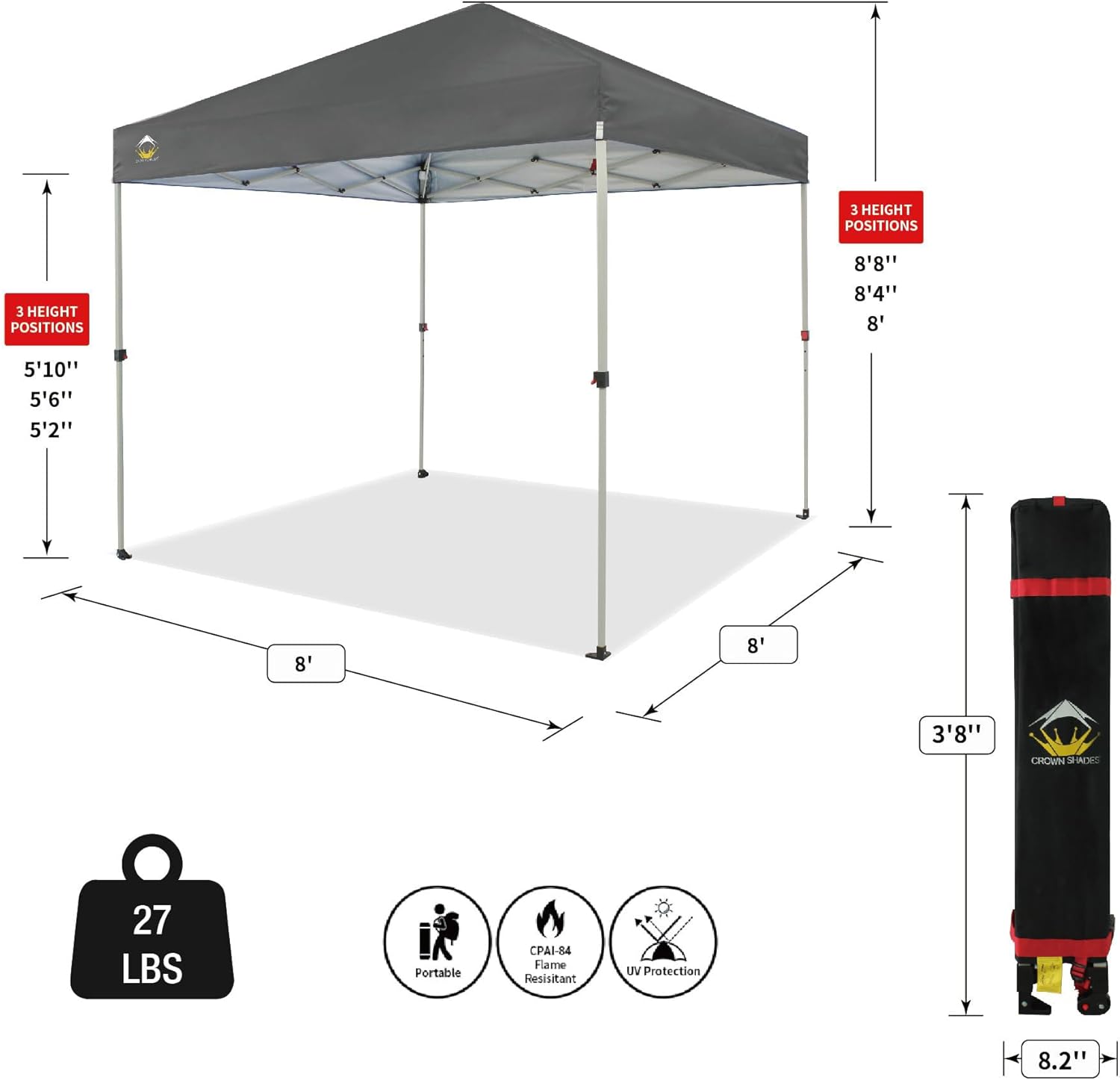 10x10 Pop-Up Awning - One-Click Installation Beach Tent - Outdoor Sunshade Silver Coated Top, 3 Heights and 4 Sand Pockets wourant