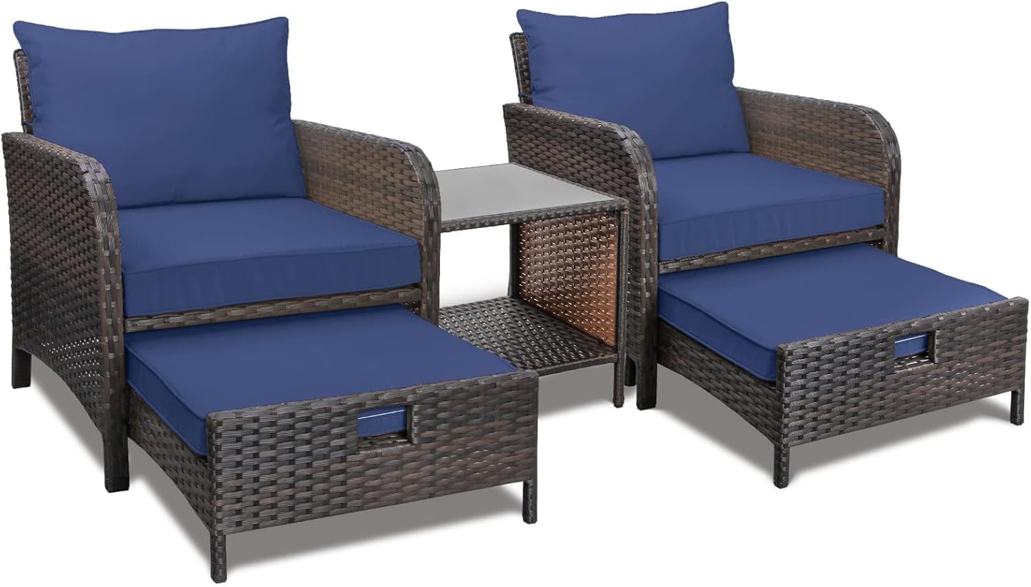 LEVELEVE Balcony Furniture 5 Piece Patio Conversation Set, PE Wicker Rattan Outdoor Lounge Chairs with Soft Cushions 2 Ottoman&Glass Table for Porch, Lawn-Brown Wicker woonhhop