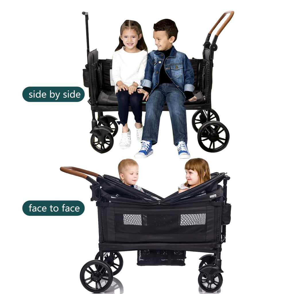 Wagon Stroller for 2 Kids & Cargo-Travel Stroller Push-Pull Double Wagon Lightweight Folding Stroller for Newborn&Toddler with 5-Point Harness,Adjustable Handle Bar and Canopy,Tray Table,Cup Holder wourant