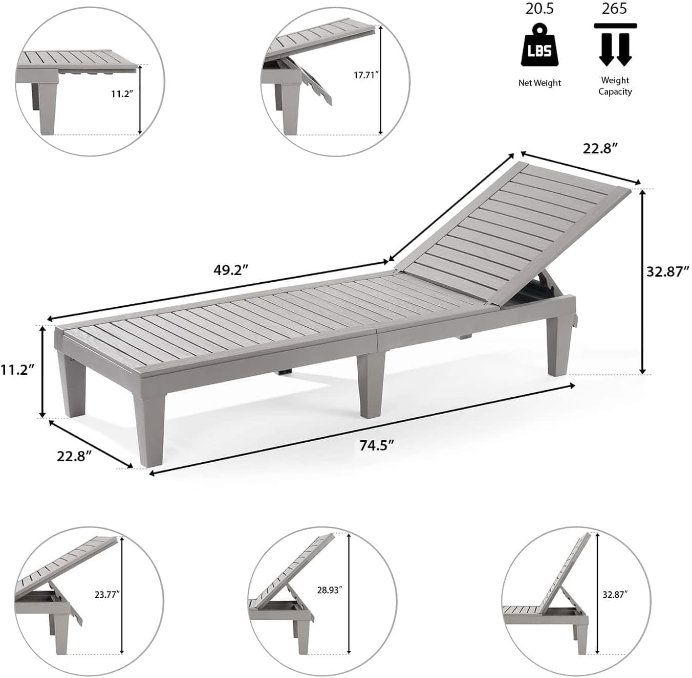 Patio Chairs - Black Chaise Lounge Chair Outdoor 5-Position Adjustable Sun Tanning Chair Waterproof Pool Lounge Chairs Set of 2 Reclining Lawn Chair, Lightweight Outdoor Lounge Chairs wourant
