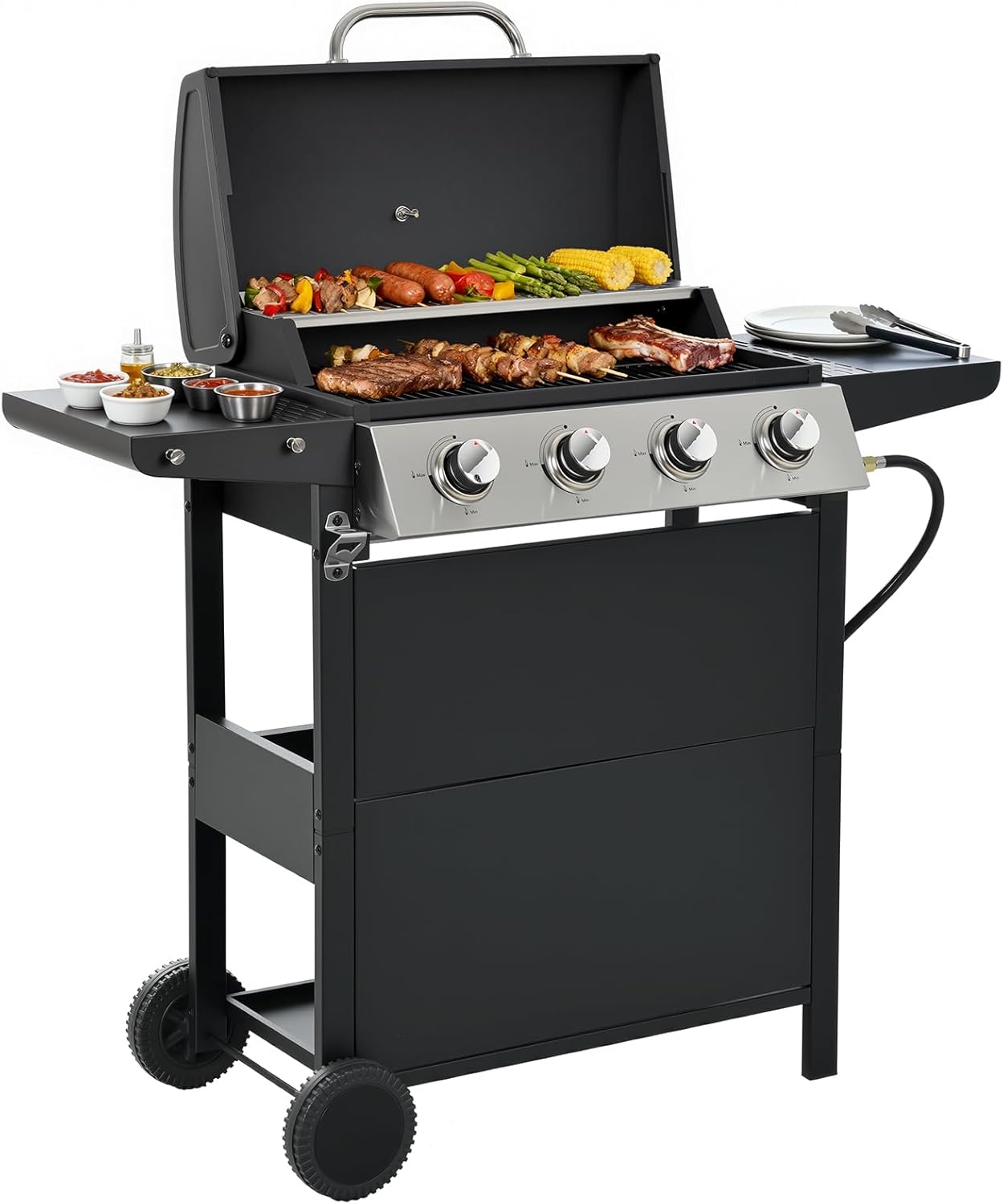 4-Burner Propane Gas BBQ Grill with Side Burner 46500 BTU Output Stainless Steel Barbecue Grill wourant