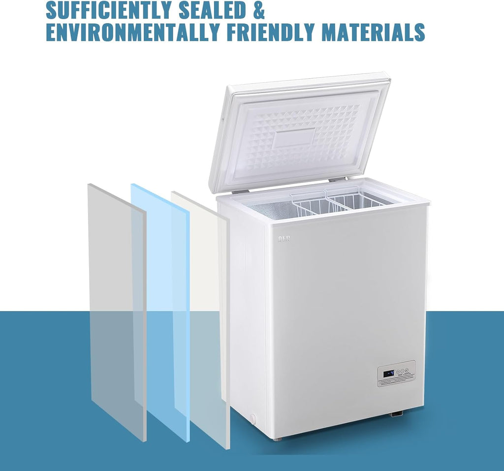 Chest Freezer 5.0Cubic Feet Deep Freezer Freestanding Freezers Removable Stainless Steel Basket wourant