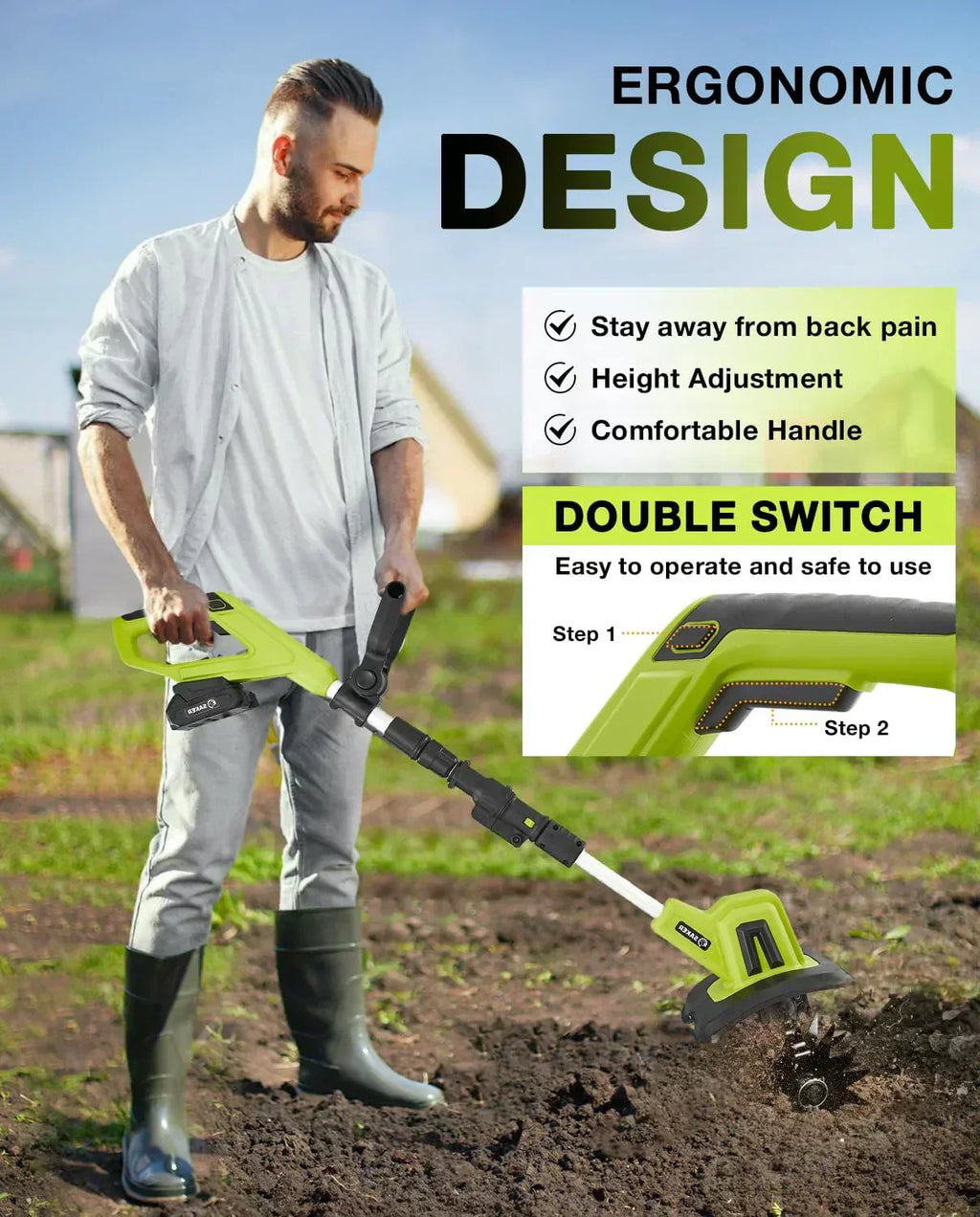 Saker 22V Cordless Electric Garden Tiller Cultivator Lightweight Rototiller for Gardening wourant