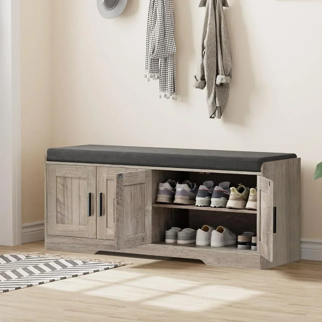 2-Tier Storage Bench Shoe Bench with Thickened Padded Seat Cushion Entryway Bench wourant