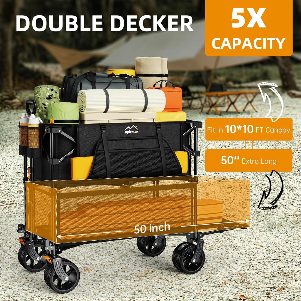 Foldable 50''L Extra Long Double Decker Wagon for Sport 400L Collapsible Heavy Duty Wagon Cart wourant