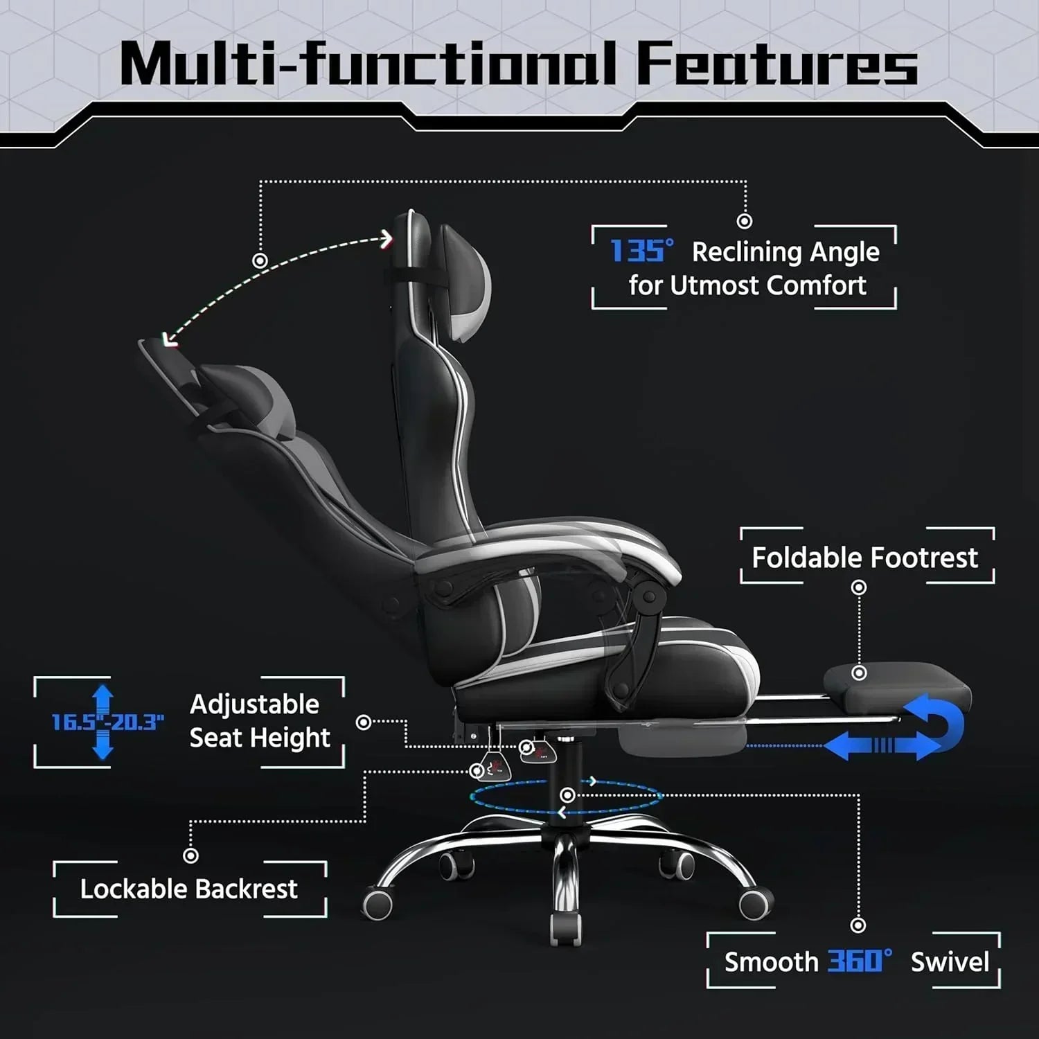 Gaming Chair with Massage Lumbar Support and Footrest Height Office Gaming Chair wourant