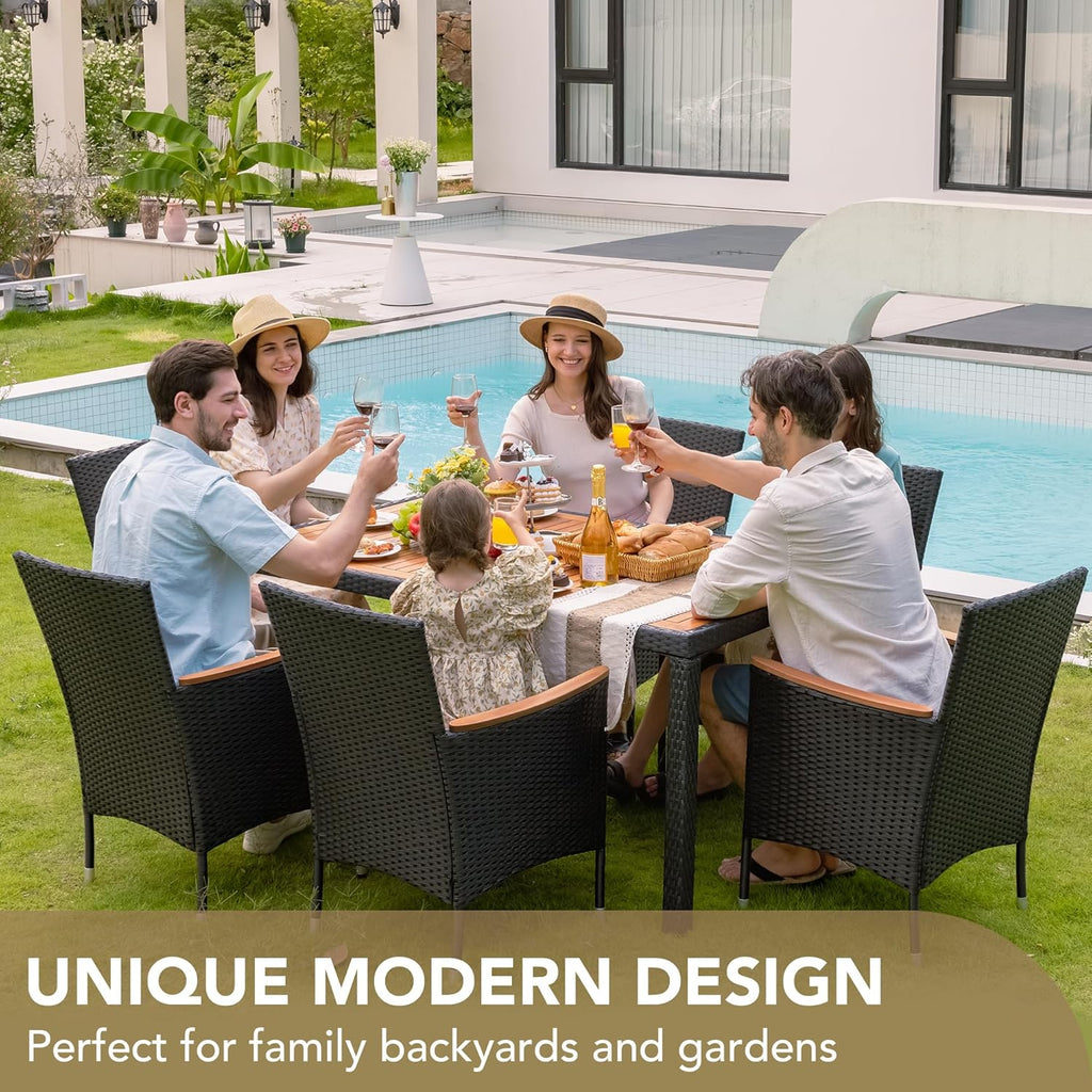 Devoko Dining 7 PCS Furniture Patio Conversation Set with Acacia Wood Table Top Rattan Outdoor wourant
