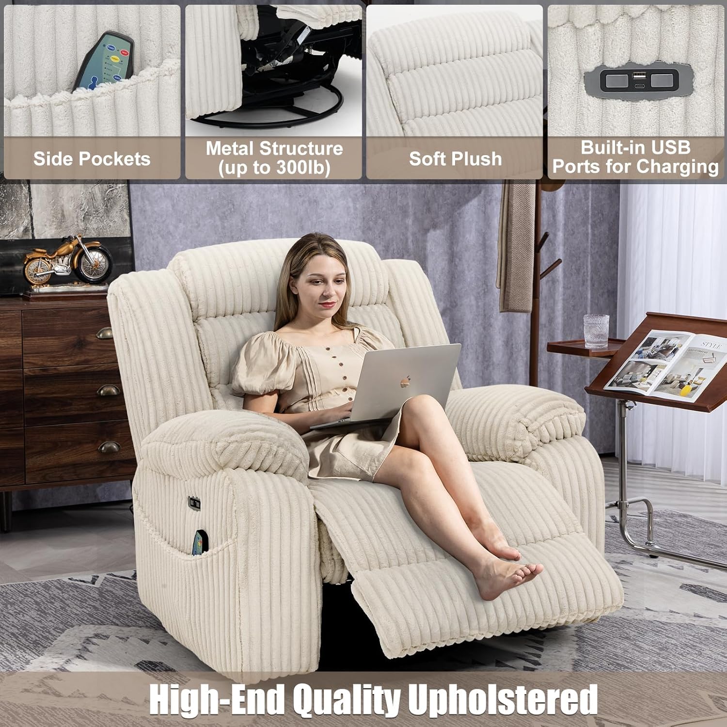 Electric rotary rocker lounge chair for adults with massage and calories USB charging ports wourant
