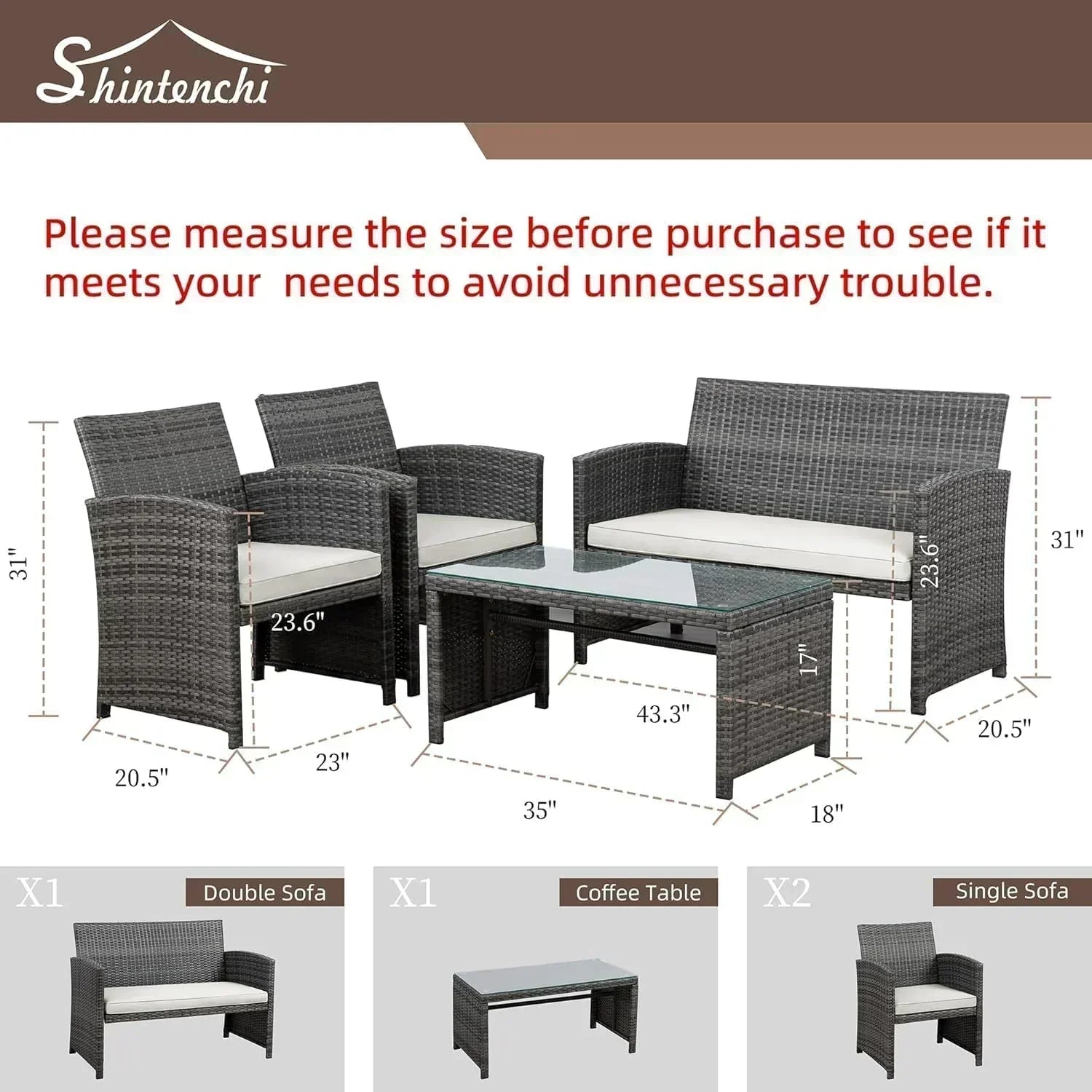 Shintenchi 4 Piece Patio Ratten Set Outdoor Furniture Set Wicker Conversation Set wourant