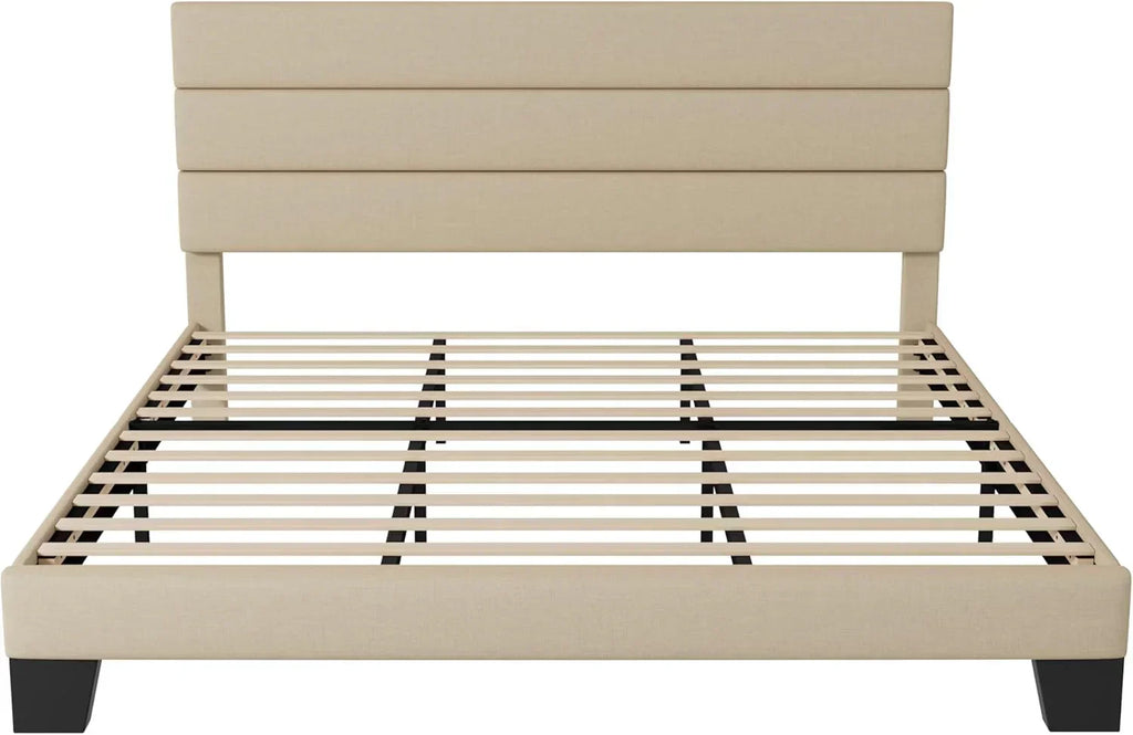 Allewie Queen Size Platform Bed Frame with Fabric Upholstered Headboard Wooden Slats Support wourant