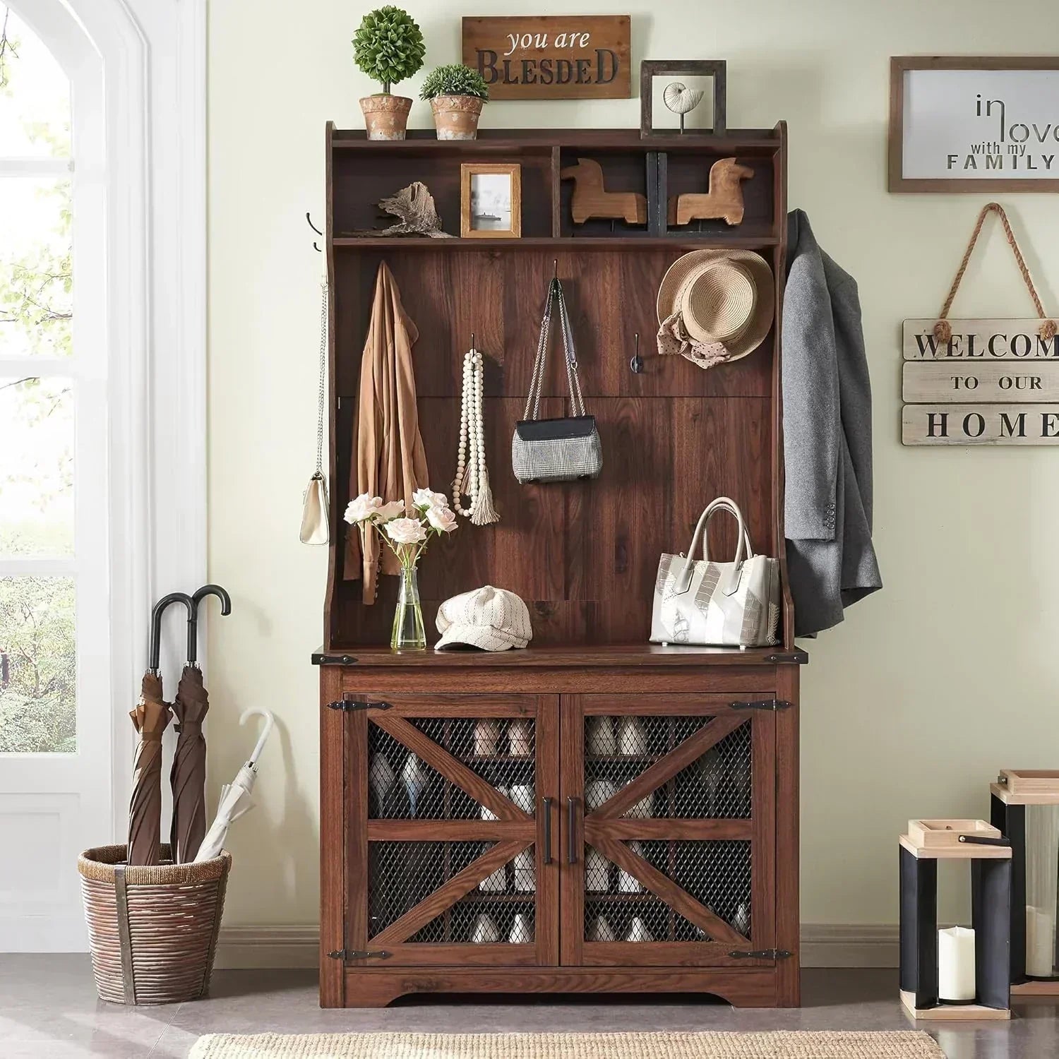 JXQTLINGMU 59-inch Farmhouse Foyer Tree Shoe Storage Entryway Bench Foyer Coat Rack Cabinet wourant