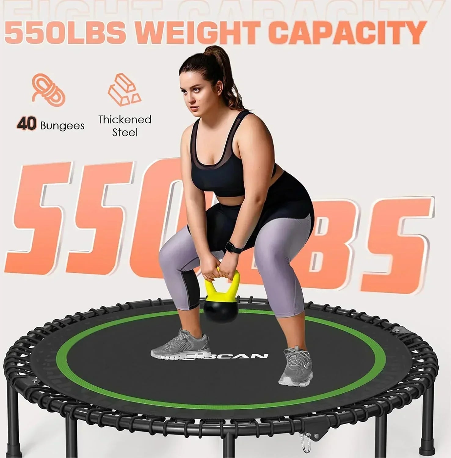 BCAN 450/550 LBS Foldable Mini Trampoline Fitness Trampoline Bungees Adjustable Foam Handle wourant