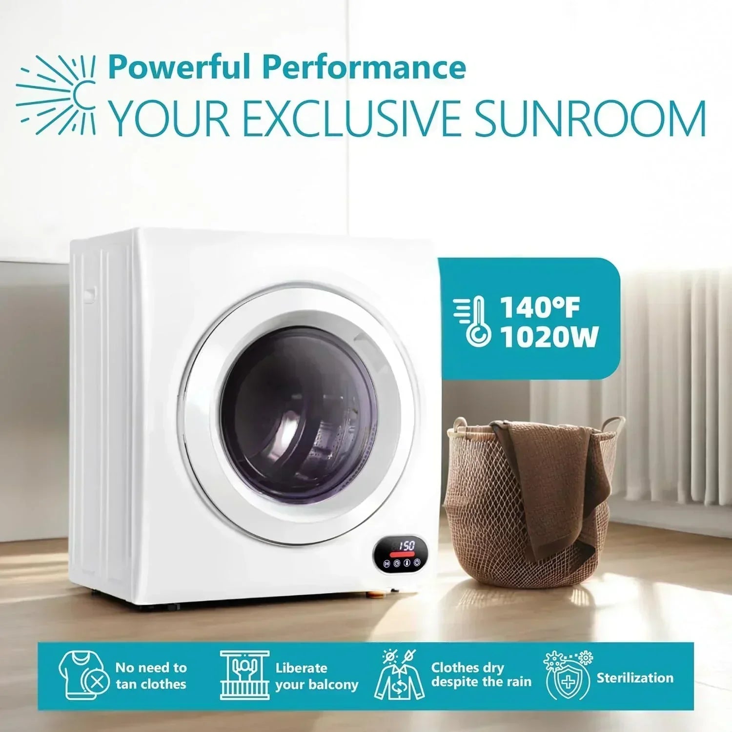 Compact Laundry Dryer 3.5 cu ft Front Load Stainless Steel Clothes Dryers With Exhaust Pipe wourant