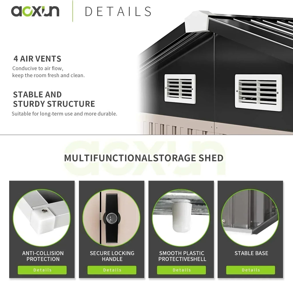 Aoxun 12x10 FT Shed Metal Outdoor Waterproof Storage Shed Steel Utility Garden Tool Shed wourant
