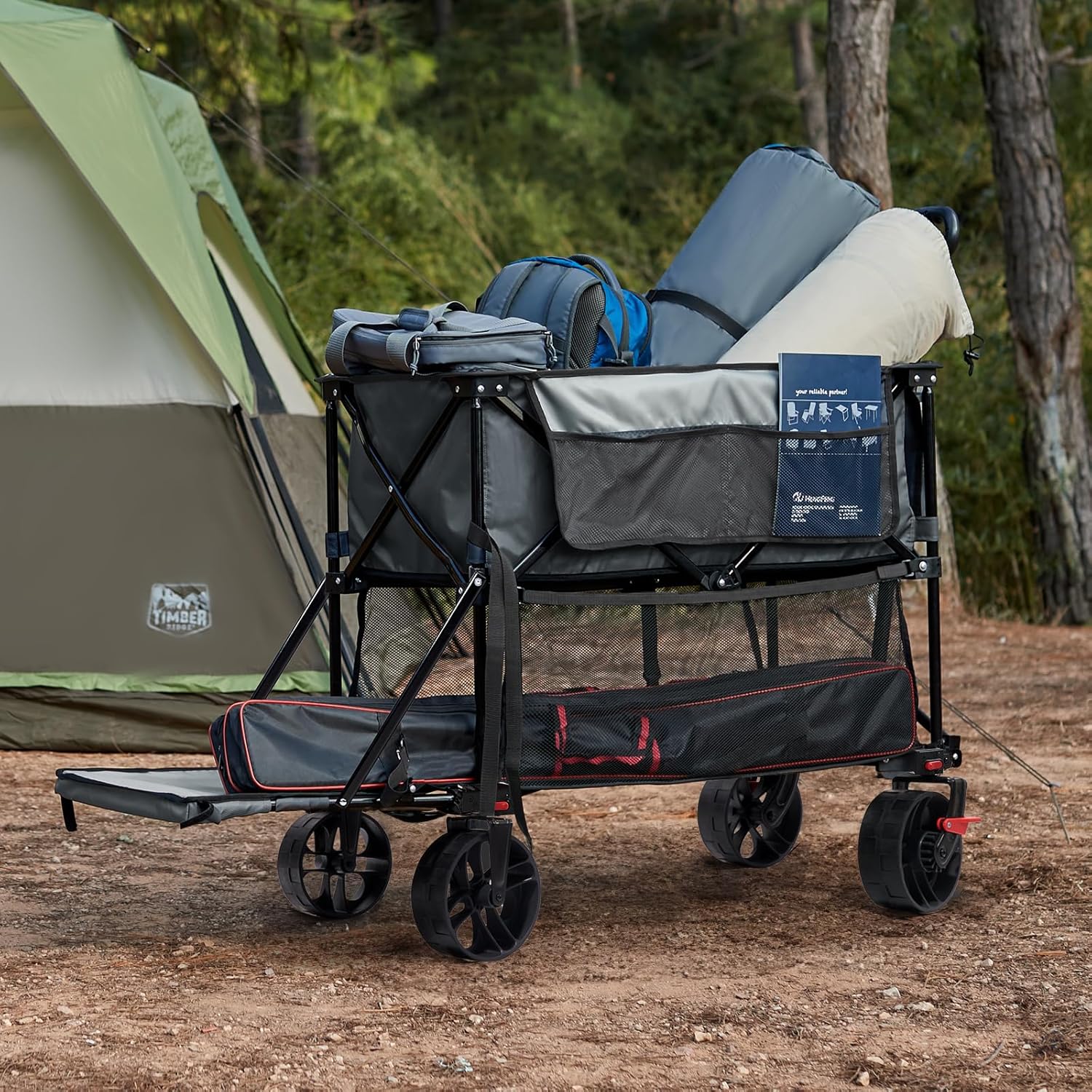 400L Large Capacity Folding Double Decker Cart with Brakes 54 Inch Extra Long Extended Cart wourant