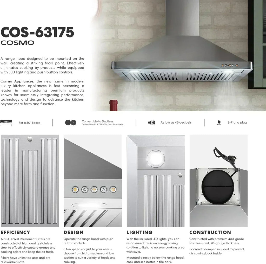 COSMO 30" Vista Series 380 CFM Ducted Wall-Mount Range Hood wourant