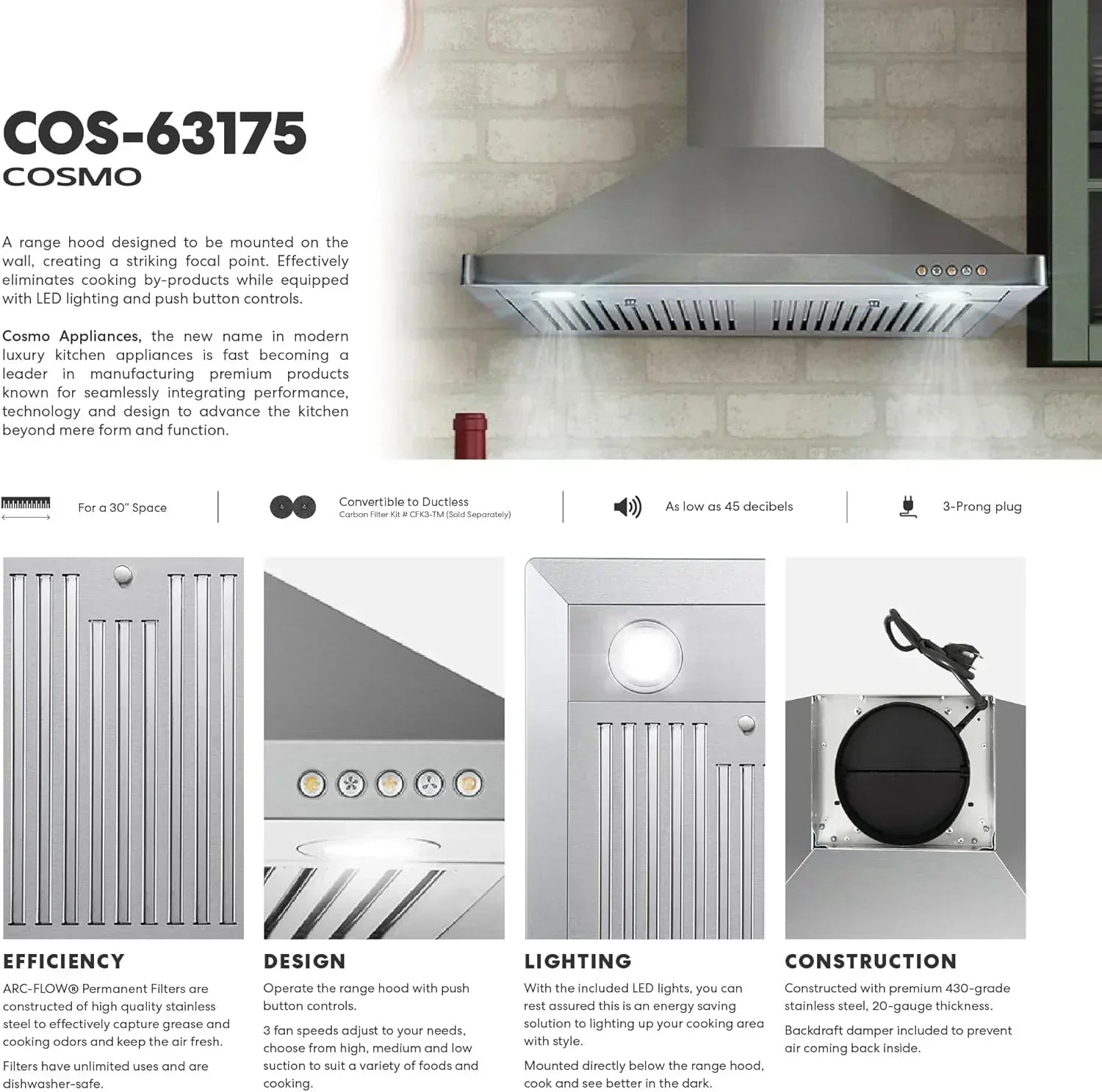 COSMO 30" Vista Series 380 CFM Ducted Wall-Mount Range Hood wourant