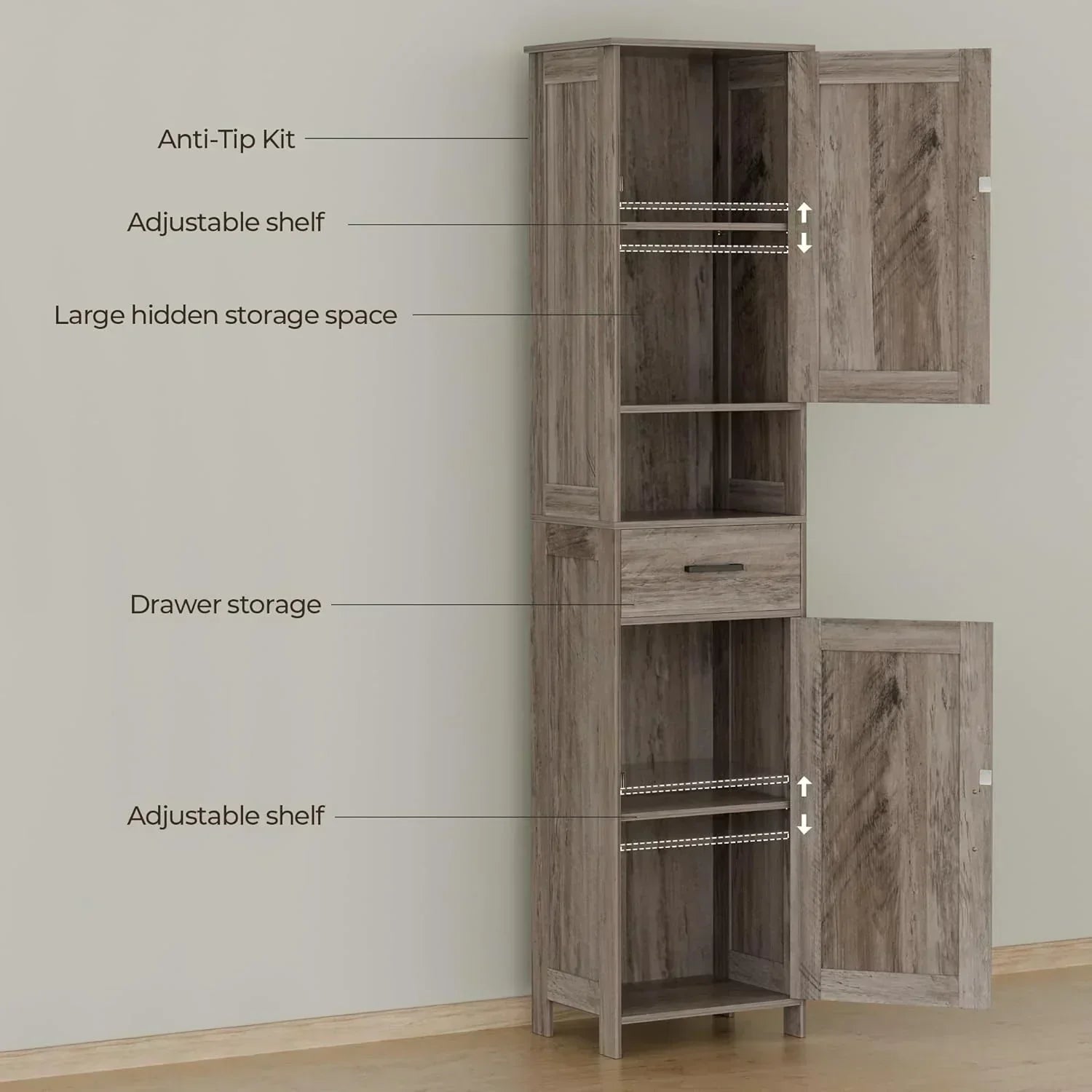 Homhedy 67" H Tall Bathroom Storage Cabinet with 2 Barn Doors and 1 Drawer Narrow Storage Unit wourant