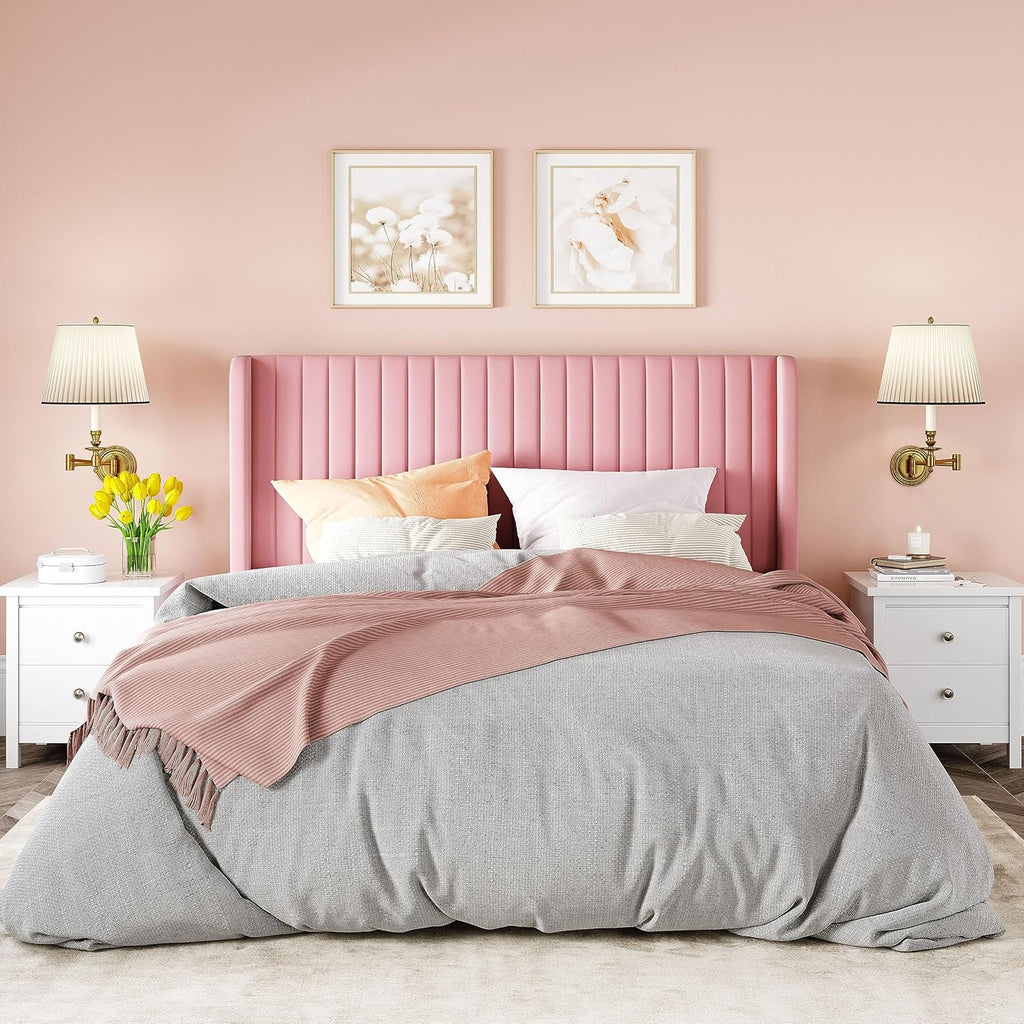 Allewie Full Size Velvet Bed Frame Vertical Channel Tufted Wingback Headboard Upholstered Bed wourant