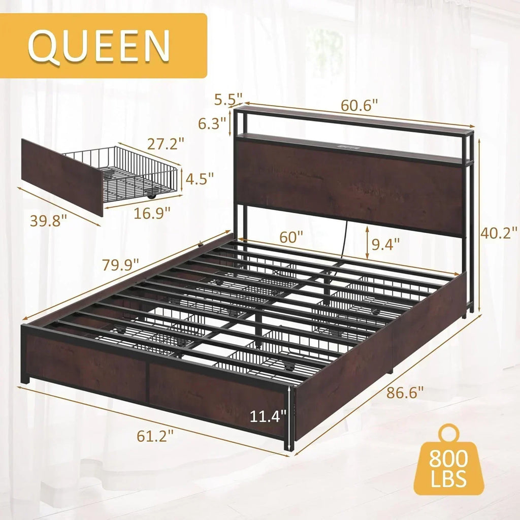 Lifezone Queen Bed Frame 2-Tier Storage Headboard Metal Platform Bed Frame 4 Storage Drawers wourant
