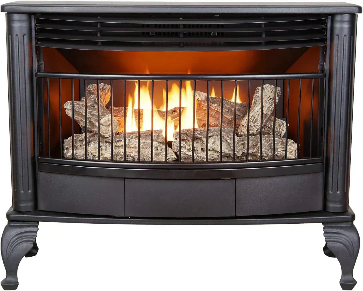 Vent-free 25000 BTU space-saving freestanding dual-fuel fireplace with thermostat control wourant