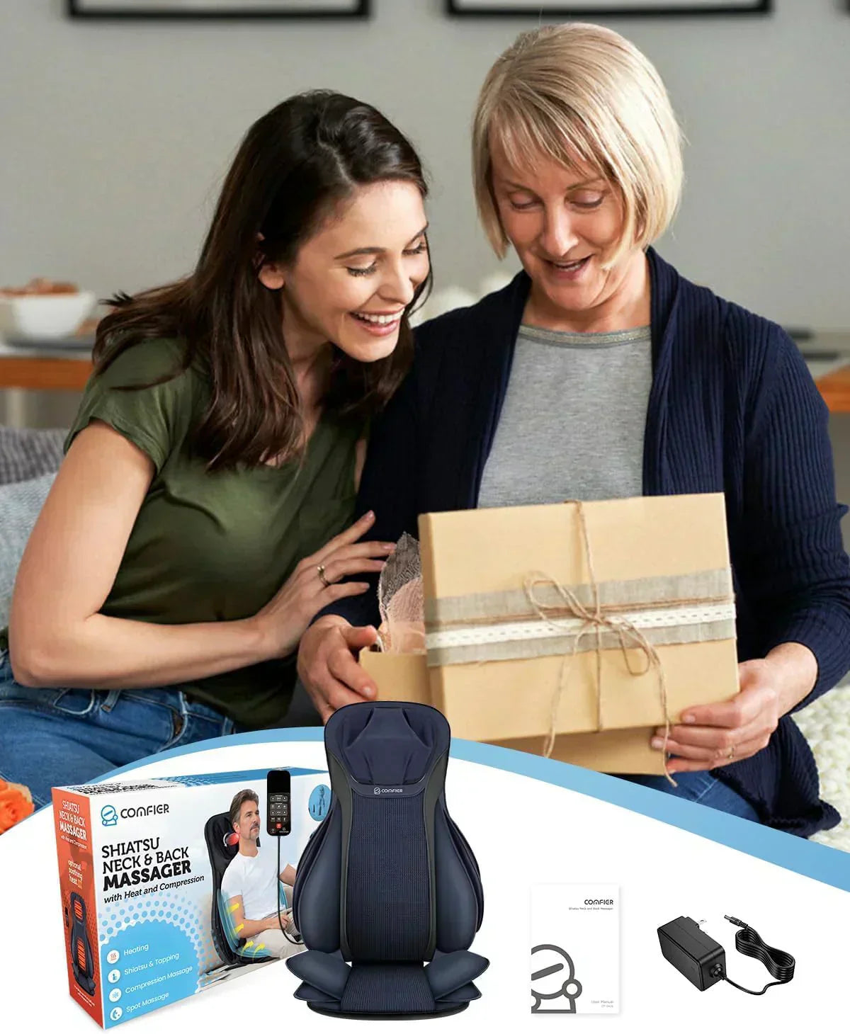 COMFIER Massager Chair with Heat Shiatsu Neck Back Massager Portable with Compress wourant