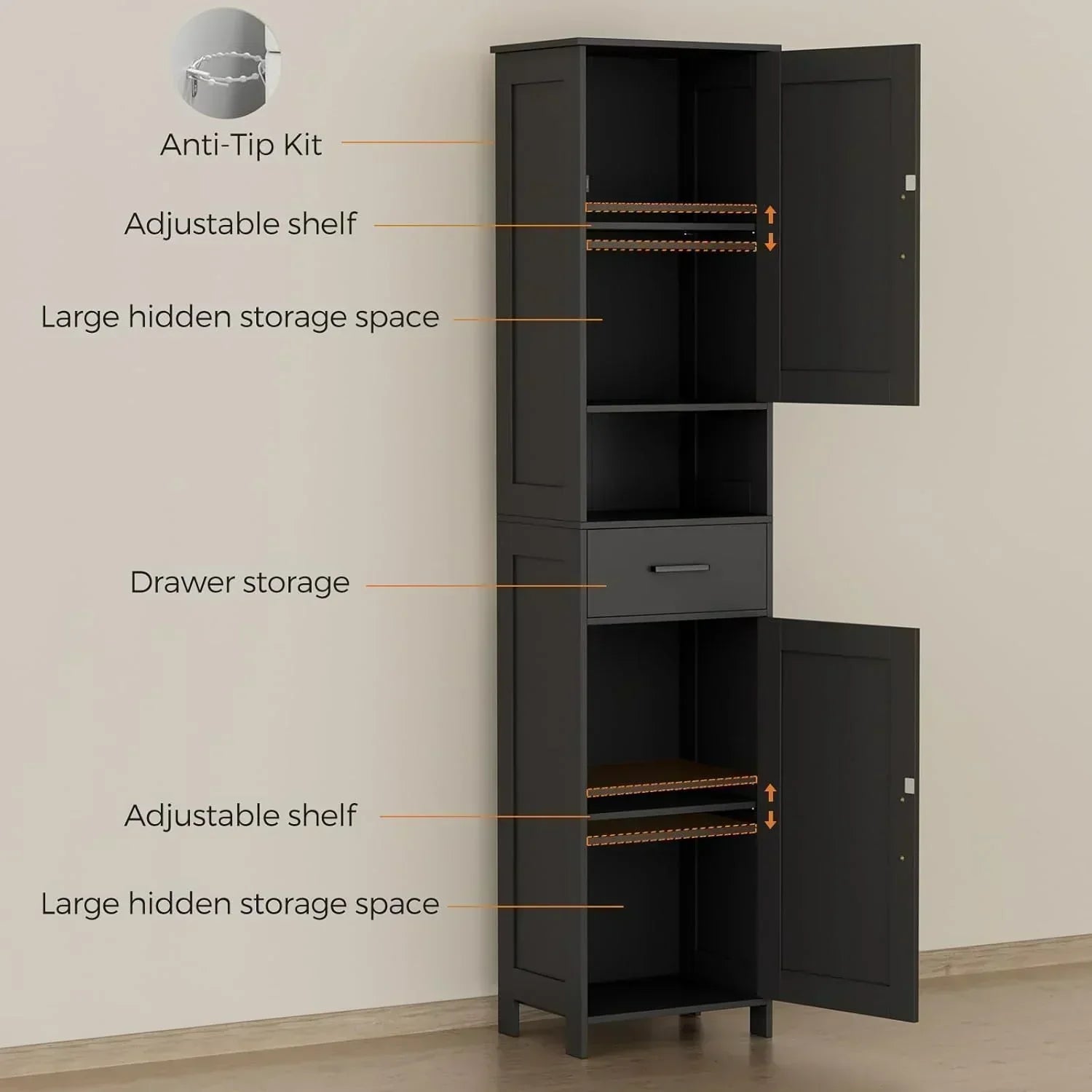 Homhedy 67" H Tall Bathroom Storage Cabinet with 2 Barn Doors and 1 Drawer Narrow Storage Unit wourant