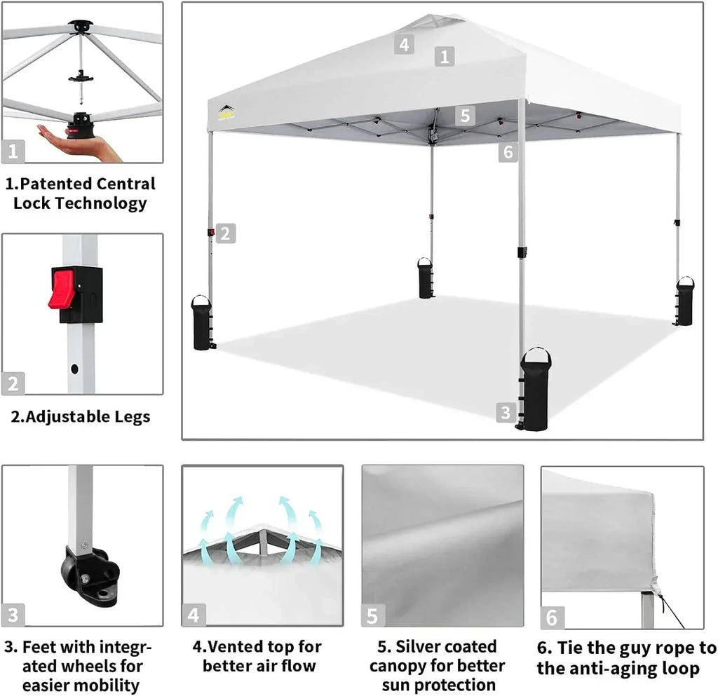 10x10 Pop-Up Awning One-Click Installation Beach Tent Outdoor Sunshade Silver Coated Top wourant