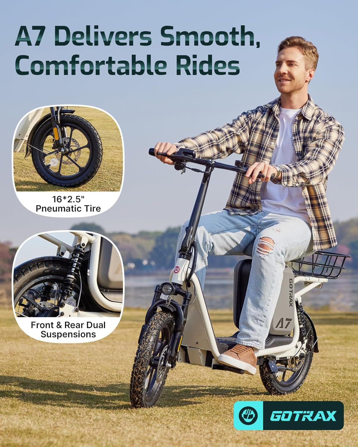Gotrax adult electric scooter with seat maximum range of 19-25 miles all-terrain tires wide pedals wourant