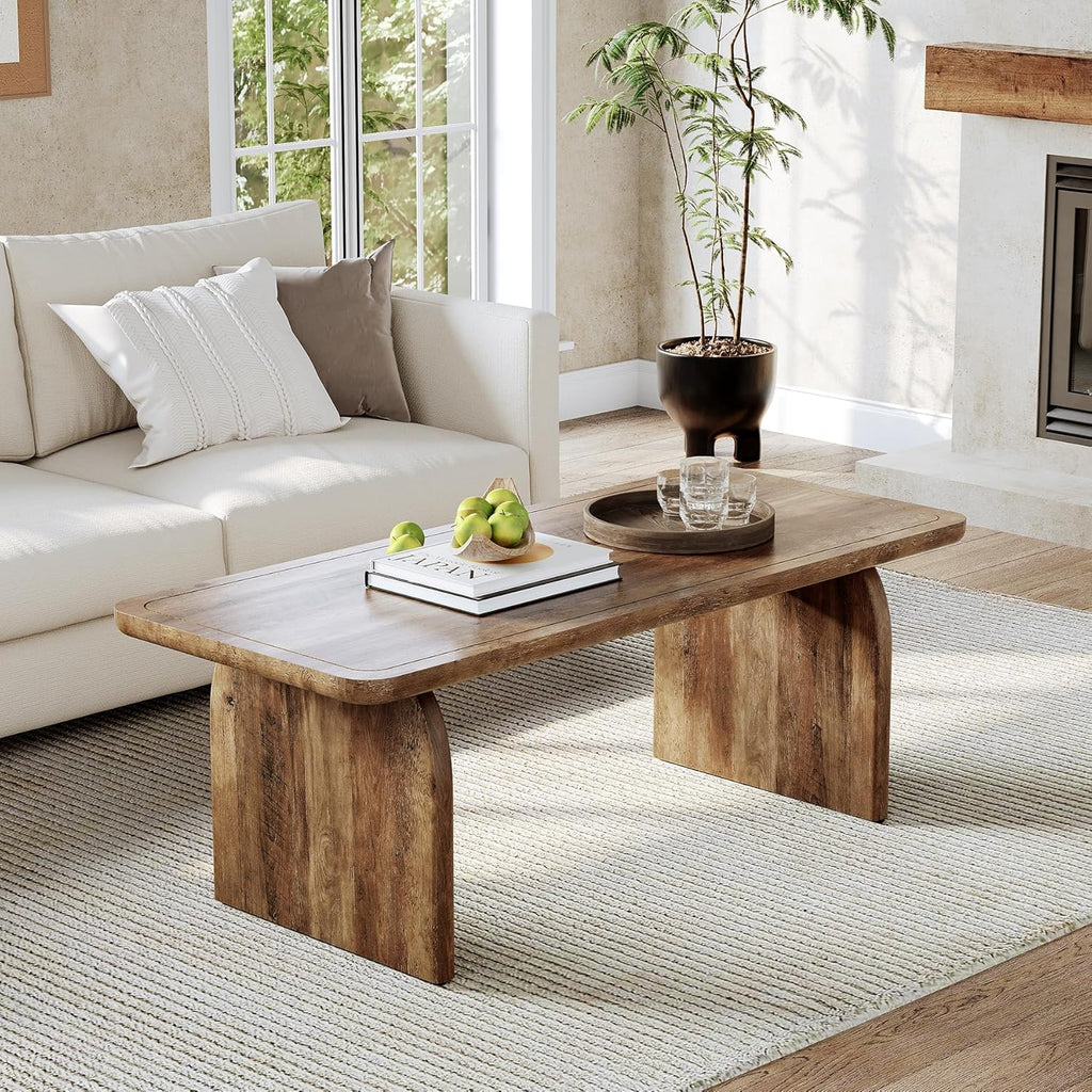 LITTLE TREE Farmhouse Coffee Table 47 Inch Round Corner Wood Center Table Rectangular wourant