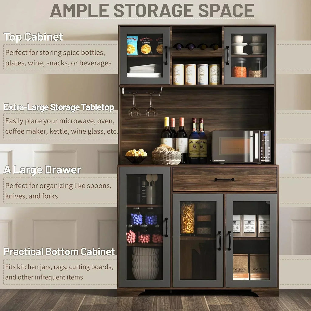 Kitchen Hutch Pantry Cabinet 71" Tall with Glass Doors wourant