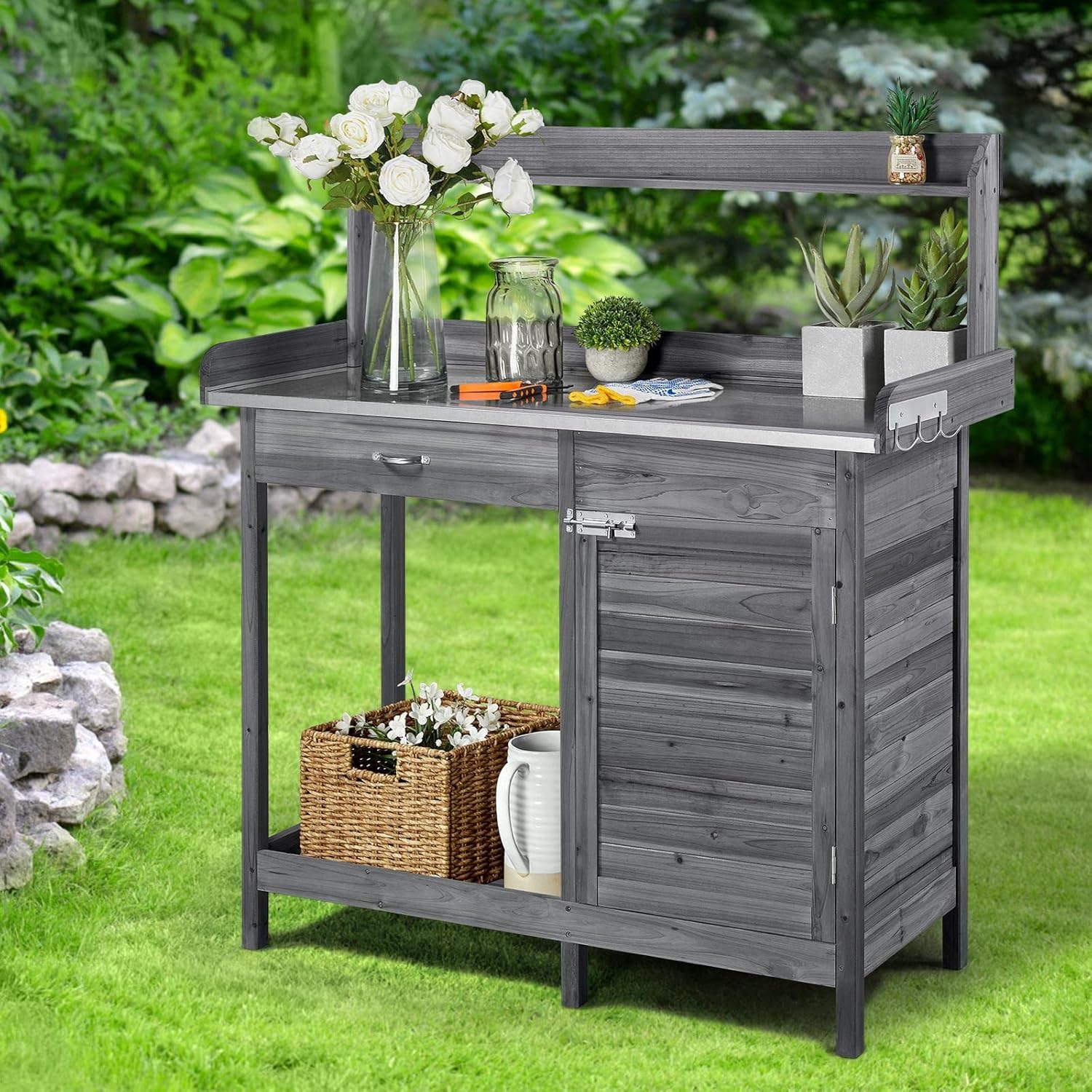 Yaheetech Outdoor Garden Potting Bench Table Work Bench Metal Tabletop Cabinet Drawer wourant
