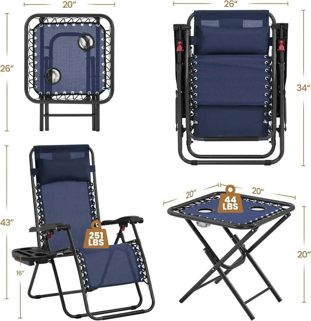 3PCS Zero Gravity Recliner Portable Outdoor Reclining Chair Set Side Table Lounge Chairs wourant
